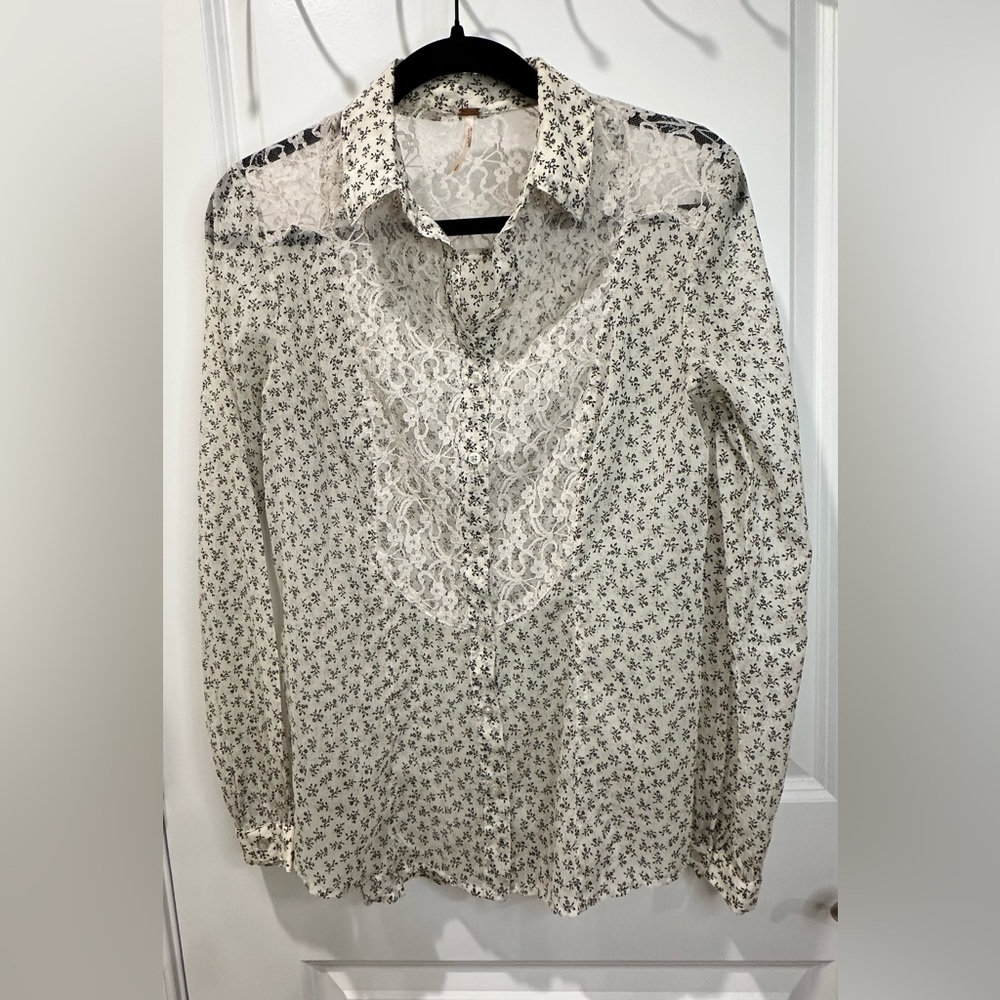 Free People sheer button down blouse with lace detail